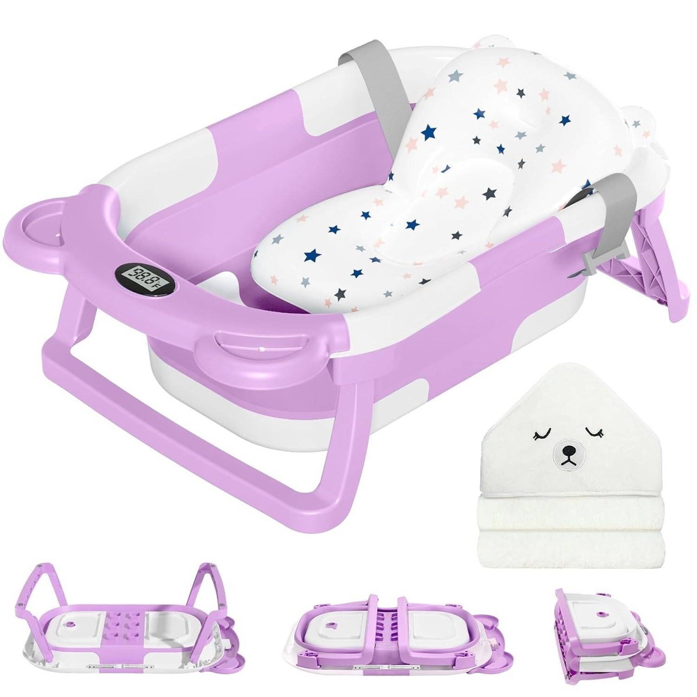 Morefeel Foldable Baby Bathtub with Thermometer Cushion and Hooded Towel Purple